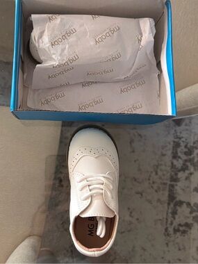 White Kids Leather Dress Shoe with Brogue Detailing